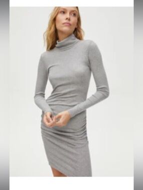 Long Sleeve Grey Turtleneck Ruched Dress